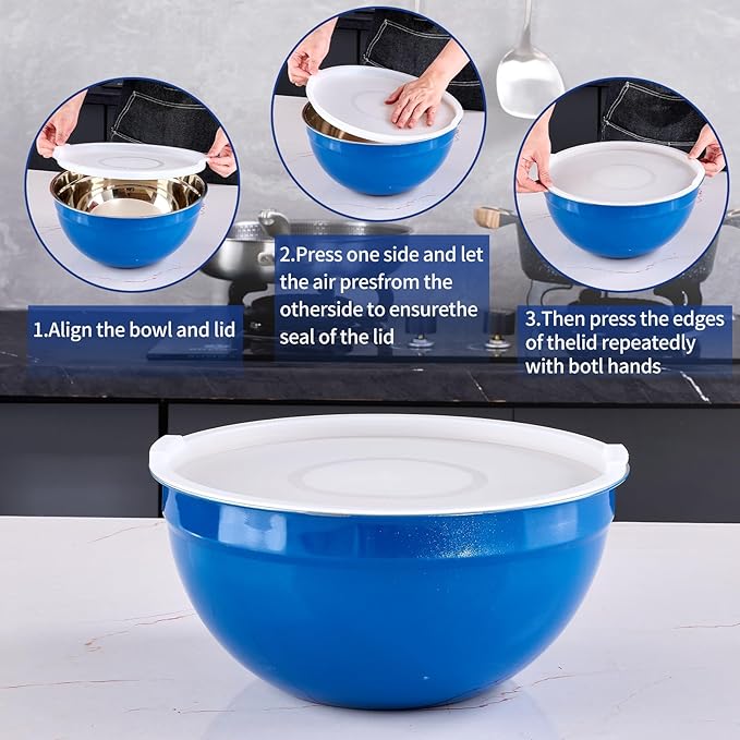 Blue Mixing Bowls With Airtight Lids,Stainless Steel Bowl,Salad Bowls 7 Piece Colorful Nesting Bowl Blue Kitchen Accessories,Size 7,3.6,2.7,2.1,1.5,1.1,0.8QT Stackable Design