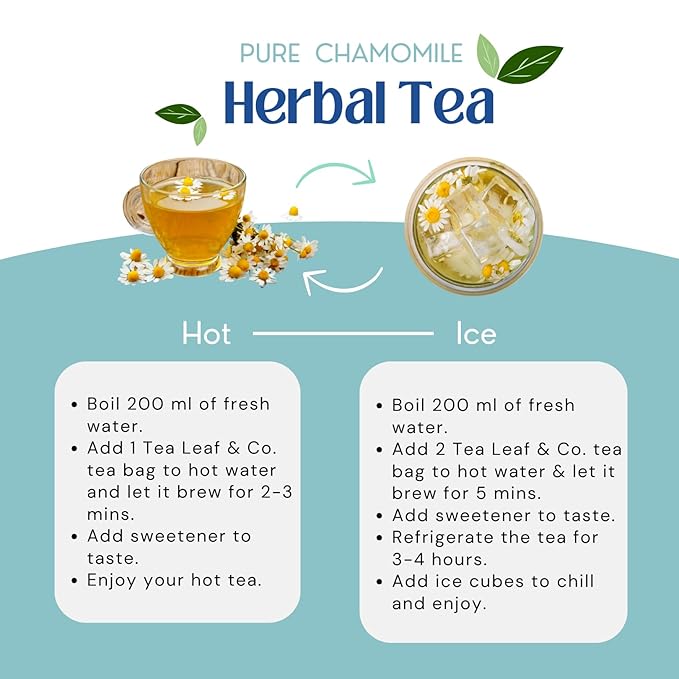 Tealeaf & Co. Pure Chamomile Herbal Tea - Organic Chamomile Tea Bags Blended with Fresh Herbs - Contains Low Caffeine - Gluten Free - 100 Teabags (7.055oz/200gm)