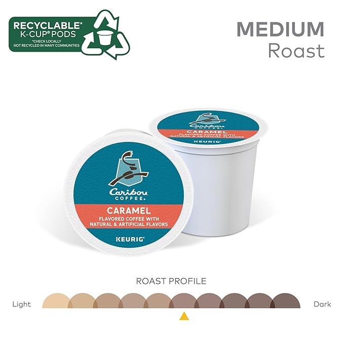 Caribou Coffee Caramel Flavored Coffee, Single Serve Keurig K-Cup Pods, Medium Roast Coffee, 96-Count Box (Pack of 4)