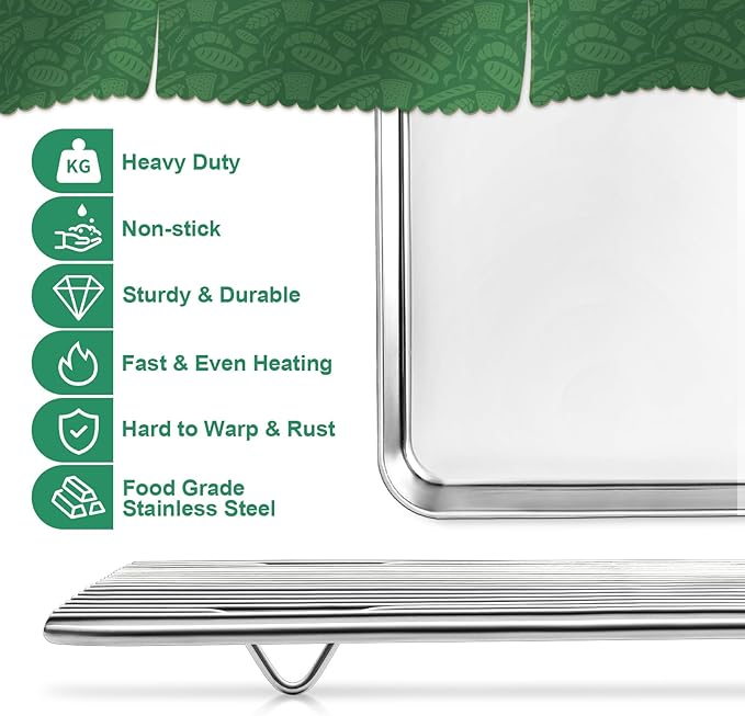 Stainless Steel Baking Sheets with Rack, HKJ Chef Cookie Sheets and Nonstick Cooling Rack & Baking Pans for Oven & Toaster Oven Tray Pans, Rectangle Size 12.5L x 10W x 1H inch & Non Toxic & Healthy