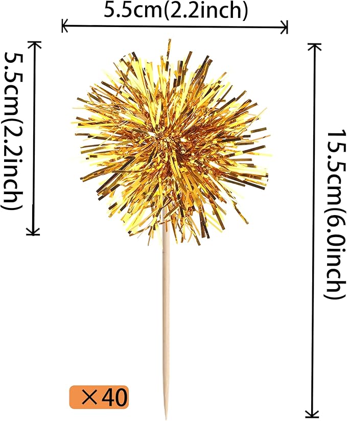 40 PCS Foil Firework Cupcake Toppers Fireworks Cupcake Picks Sparkle Tinsel Cake Decorations Cocktail Fruit Toothpick for Firework Theme Birthday Wedding Graduation Party Decorations Supplies Gold