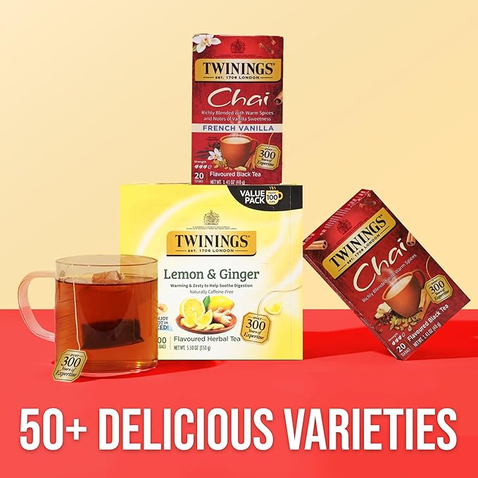 Twinings French Vanilla Chai Black Tea Individually Wrapped Bags, 20 Count (Pack of 6), Warm, Sweet & Spicy, Caffeinated, Enjoy Hot or Iced, 120 Teabags