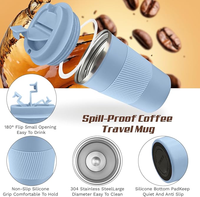 Vacuum-Insulated Stainless Steel Travel Coffee Mug, Leak-Proof Reusable Coffee Cup with Lid - Keep Hot & Cold Drinks for Hours, Durable Thermos Tumbler for Men & Women (3rd-Light Blue, 17OZ)