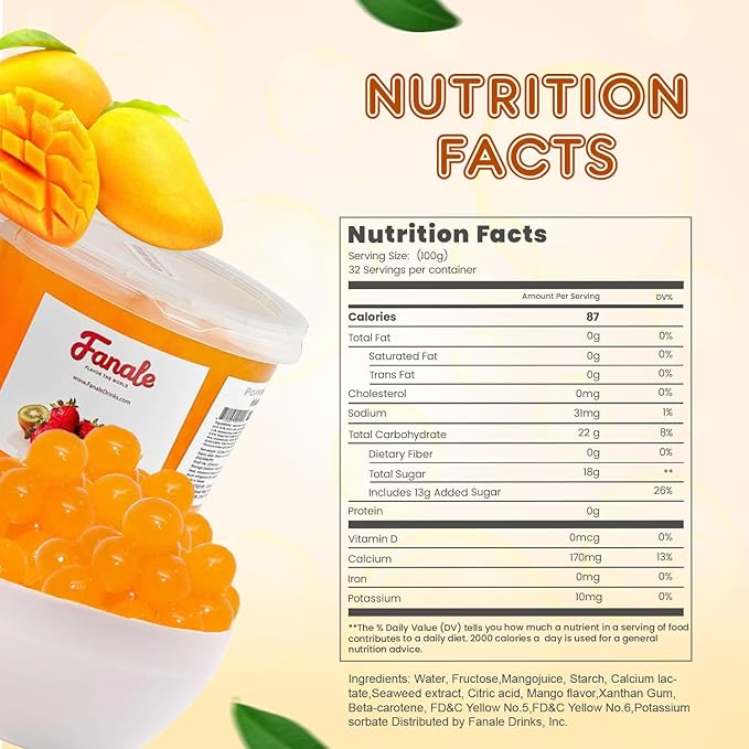 Fanale Mango Popping Boba Pearls, Vegan, Non GMO, Gluten Free, Fat Free, Perfect for Bubble Tea, Smoothies, Ice Cream, Desserts, and Beverages.