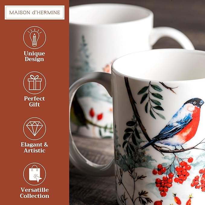 Maison d' Hermine Coffee Mug with Handles Fine Bone China Mugs Pack of Two Tea Cups for Hot Beverages Cappuccino Latte Home Restaurant Office Perfect for Gift (Morzine, 12 Ounce)