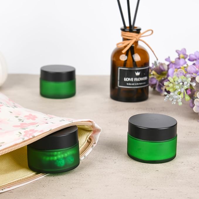 Glass Jars with Lids,Eco-Friendly Cosmetic Containers with Airtight Black Lids & Liners, Multi-Color Options for Cream, Lotion, Body Butter, DIY Skincare Travel Jars (Green Frosted, 1oz)
