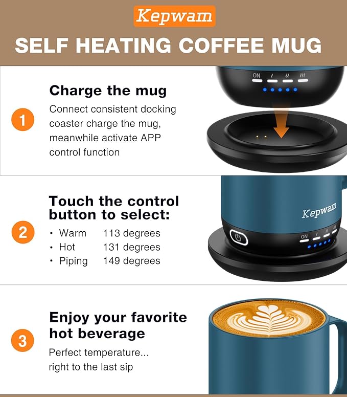 Self Heating Coffee Mug T1-16oz Fast Heating & Ultra Long-Lasting Battery Life, Heated Coffee Mug Up to 149℉ - Touch & App Controlled Coffee Mug, Birthday Gifts for Women and Men