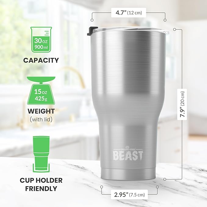 Beast 30 oz Tumbler Stainless Steel Vacuum Insulated Coffee Ice Cup Double Wall Travel Flask (Stainless Steel)