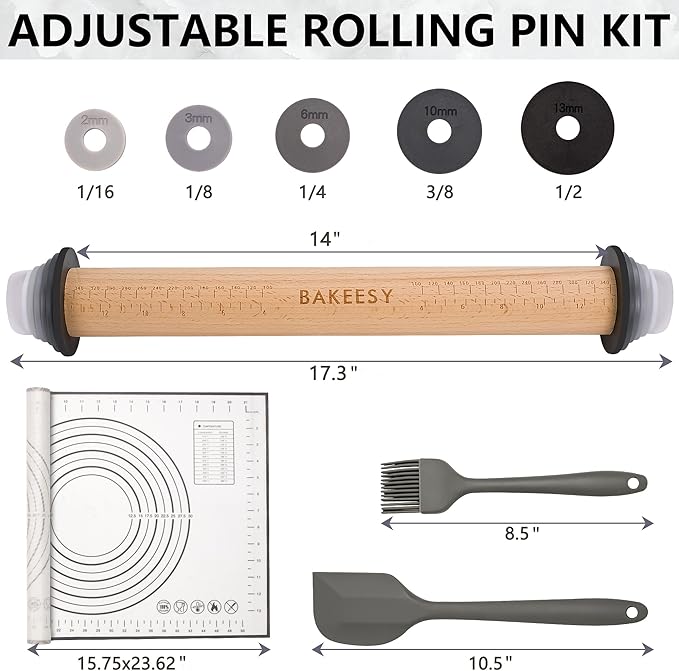 Bakeesy's 14' Wooden Rolling Pin Set with 5 Adjustable Thickness Rings - Roller Pin for Rolling Pizza, Cookie Dough, Pastry, Ravioli, Clay Slab - Full Set with Accessories - Perfect Baking experience