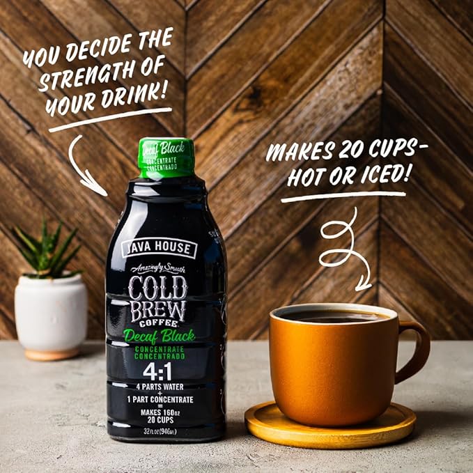 JAVA HOUSE Cold Brew Coffee, Decaf Colombian 4:1 Liquid Concentrate, 32 Ounce Bottle