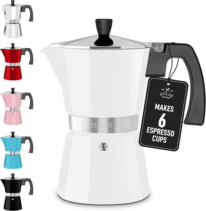 Zulay Moka Pot Espresso Stovetop Coffee Maker - Leak-Proof, Stainless Steel, Easy to Clean, Heat Resistant Handle & Knob - for Authentic Cuban & Italian Style Espresso - Makes 6 Espresso Cups - White