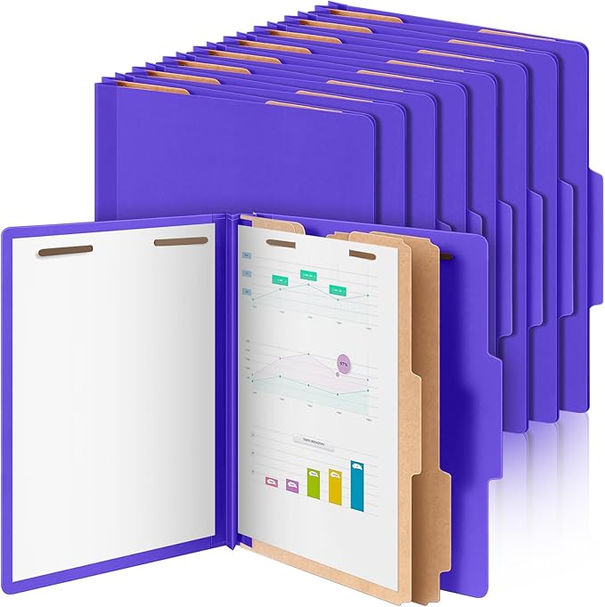 12 Pcs Classification Folders Letter Size Bulk - 2 Dividers Pressboard File Folder with 3. 5 Inch Expansion, 2 Prongs Fastener, Heavy Duty Office File Organizer for Teacher Medical (Purple)
