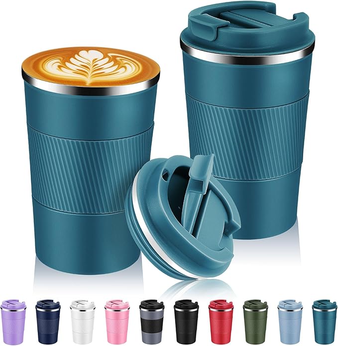 Volhoply 13 oz Stainless Steel Insulated Travel Coffee Mug with Fip Lid Bulk 2 Pack,Reusable Double Wall Vacuum Metal Coffee Cup,Portable Leak Proof Thermal Tumbler for Hot & Cold Drinks(Bule,2)
