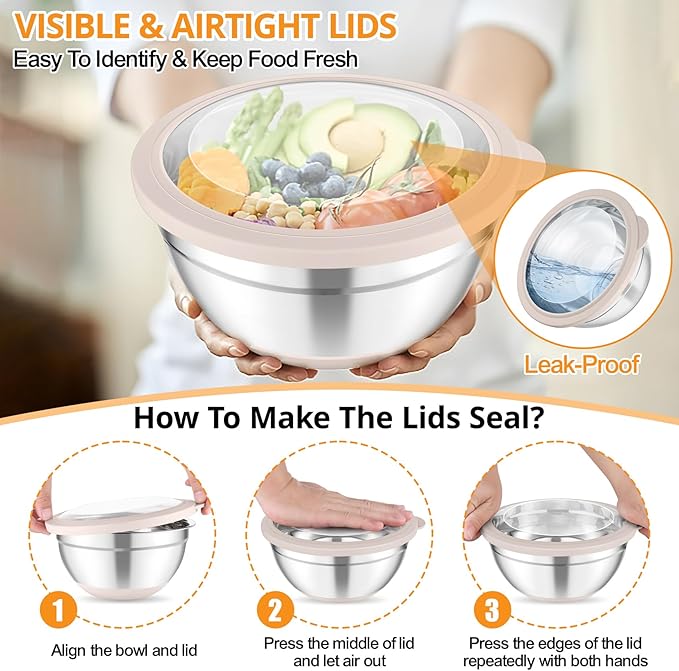 TeamFar Mixing Bowls, 5PCS Stainless Steel Serving Salad Bowls with Lids, For Kitchen Mixing/Baking/Storing/Prepping, Visible & Airtight, Non-Slip Bottom - 4.6/3.5/1.5/1 / 0.7 QT, Khaki