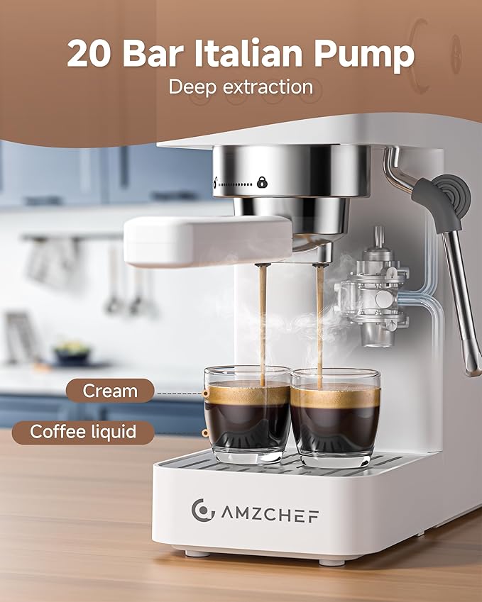 AMZCHEF Espresso Machine 20 Bar, Compact Espresso Maker with Steam Milk Frother, Coffee Maker with 40oz Removable Water Tank for Home, Coffee Machine for Cappuccino, Latte, Americano, 1350W