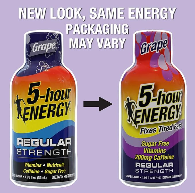 5-hour ENERGY Regular Strength Energy Shot 1.93oz, 20-Pack – Sugar Free Caffeine Energy Booster with B-Vitamins & Amino Acids – Zero Calorie (20 Bottles – Single Flavor, Grape Regular Strength)
