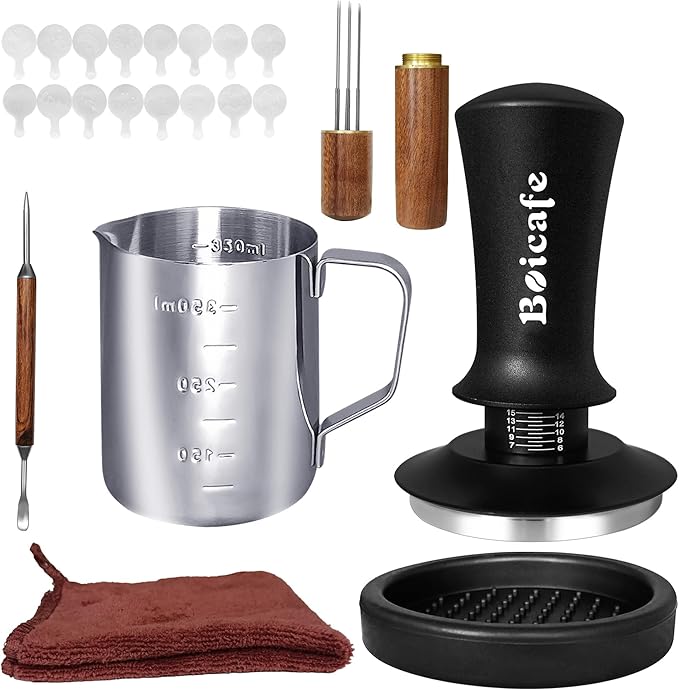 22 PCS 58mm Espresso Accessories Kit, 58mm Spring Loaded Calibrated Espresso Coffee Tamper Set with Tamper Mat, WDT Tool, Latte Art Kit, Frothing Pitcher and Towel for Coffee Making (58mm)