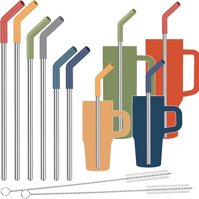 Tomorotec 6-Pack Reusable Stainless-Steel Straws with Silicone Tips, 3 Sizes Compatible with Stanley Tumblers 40OZ 30OZ 20OZ 14OZ, Dishwasher Safe, Includes 2 Cleaning Brushes (Dark Rainbow)