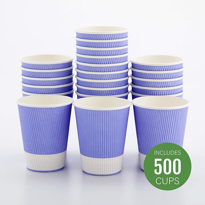 Restaurantware-12 Ounce Disposable Coffee Cups, 500 Ripple Wall Hot Cups For Coffee - Lids Sold Separately, Rolled Rim, Light Purple Paper Insulated Coffee Cups, For Hot Coffee, Tea, And More
