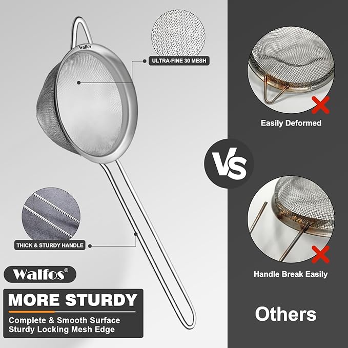 Walfos Small Fine Mesh Tea Strainer, Mini Stainless Steel Sieve with Handle, 2.8 Inch Kitchen Metal Sifter Strainers for Tea, Juicing, Coffee, Cocktail, Powdered Sugar, Matcha (2 Pack)