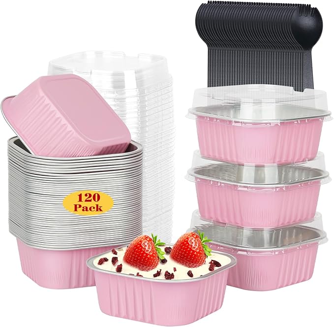 120pack/10oz Mini Cake Foil Pans with Lids,LNYZQUS 4”x4” Large Cupcake Pan Disposable Ramekins,Small Brownie Baking Cups Square Muffin Tin Cheesecake Containers Holders-Pink