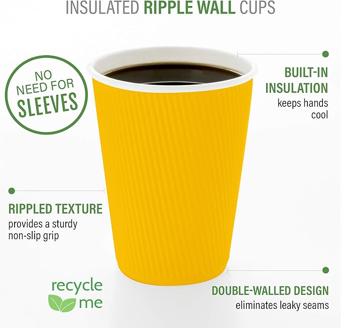 Restaurantware 8 Ounce Double Wall Disposable Coffee Cups, 500 Insulated Yellow Paper Tumblers with Ripple Wall Design, Lids Sold Separately for Hot Drinks like Tea, Hot Chocolate and More