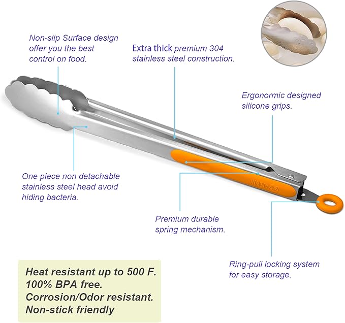 304 Stainless Steel Kitchen Cooking Tongs, 14" and 16" Set of 2 Sturdy Grilling Barbeque Brushed Locking Food Tongs with Ergonomic Grip, Orange