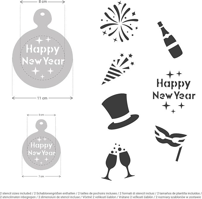 NAKLEO Coffee Cookies Decoration Reusable Plastic Baking Stencil - 7x7cm and 11x11cm / 2.8'x2.8' and 4.3'x4.3' - New Years Eve - Art Craft DIY Biscuit Pastry Cake Glaze Kitchen