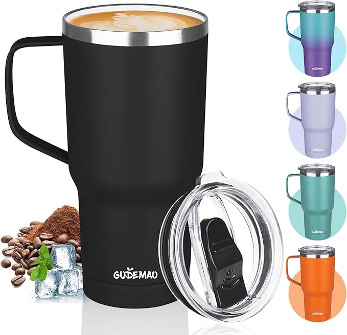 20 oz Insulated Coffee Mug with Ceramic Coating, Stainless Steel Travel Mug Tumbler with Handle Lid and Straw, Double Wall Leak-Proof Coffee Travel Mug Keeps Drink Hot and Cold (Black)