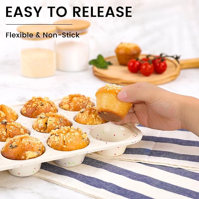 Vinino 2Pack Silicone Muffin Pan for Baking with Metal Reinforced Frame, Regular 12 Cup and Jumbo 6 Cup Nonstick Cupcake Pan Set, BPA Free Silicone Muffin Tray Molds for Oven Dishwasher Safe