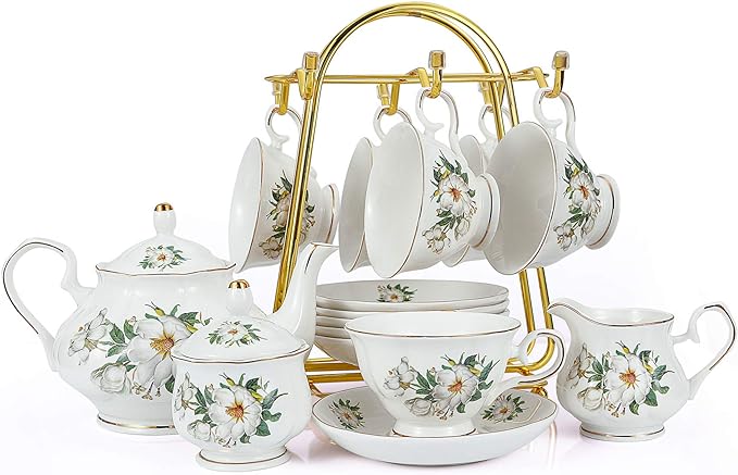 CHENP.HMC Porcelain Tea Set Tea Cup Set 22-Piece Porcelain Ceramic Coffee Tea Gift Sets Cups Saucer Service for 6 Teapot Sugar Bowl Creamer Pitcher and Teaspoons tea pot sets(Camellia)