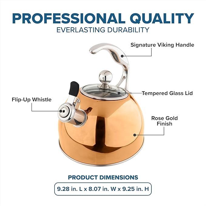Viking 3-Ply Stainless Steel Tea Kettle, 2.6 Quart Stovetop Hot Water Pot with Tempered Glass Lid, Ergonomic Handle, Induction Ready, Rose Gold