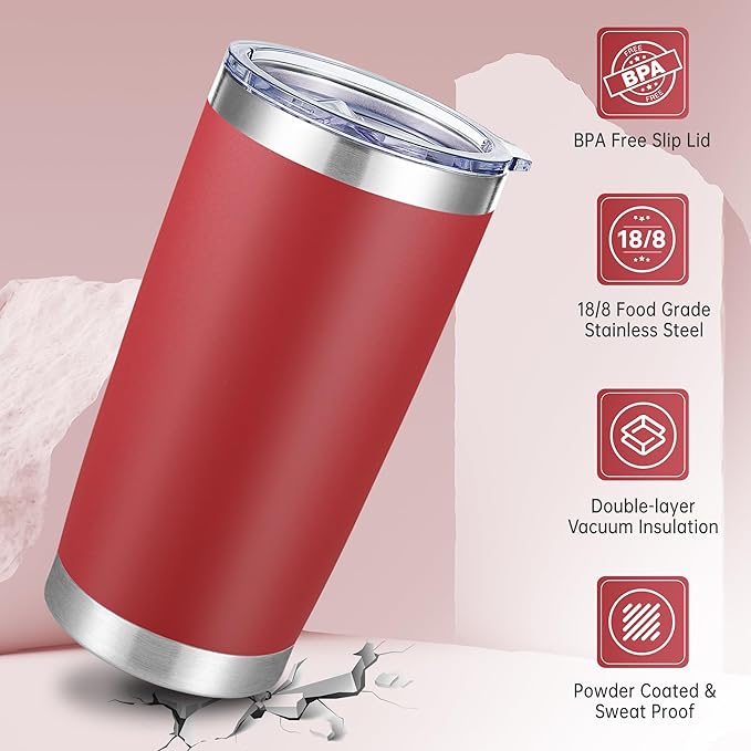 20 oz Tumblers Bulk Stainless Steel Tumbler with Lid Double Wall Vacuum Insulated Coffee Mug 20oz Powder Coated Cup for Hot and Cold Drinks, Red, 6 pack
