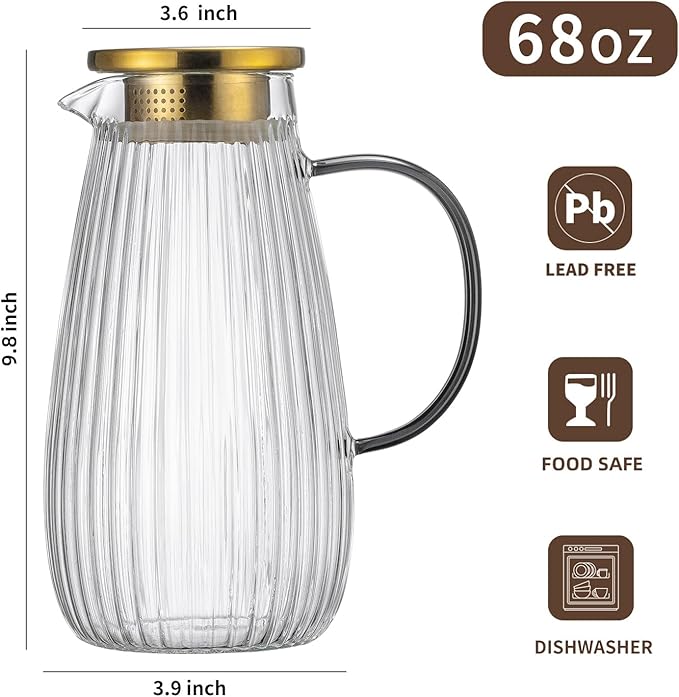 2 PACK Glass Pitcher with Lid and Spout,68 oz/2 Liter Vertical Stripes Water Pitcher for Fridge, Clear Borosilicate Glass Water Carafe for Cold Brew, Coffee, Lemonade, Sun Tea,Heat Resistant