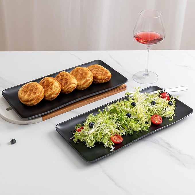 Melamine Rectangular Serving Platters and Trays set, set of 4,14” x 7” Matte Black Party Platter for Serving Food, Salad, Cheese and Fruits, Dishwasher Safe Trays/Platters for Entertaining