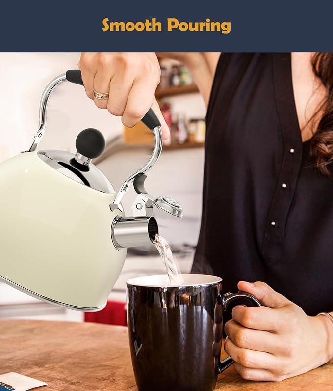 Tea Kettle, 2 Quart Stainless Steel Whistling Tea Kettle, Stovetop Whistling Teakettle Tea Pots for Stove Top with Ergonomic Folding Handle, Small Teapot, Water boiler for Tea, Coffee (White)