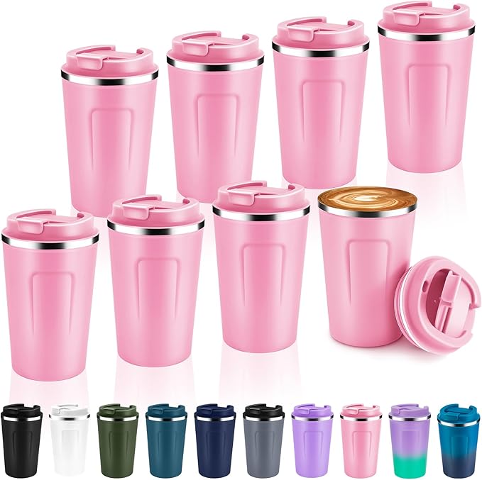 Volhoply 12 oz Double Wall Insulated Vacuum Travel Coffee Mug with Flip Lid Bulk 8 Pack,Reusable Stainless Steel Leak Proof Coffee Cup,Portable Cafe Thermal Tumblers for Hot & Cold Drinks(Pink,8 Set)