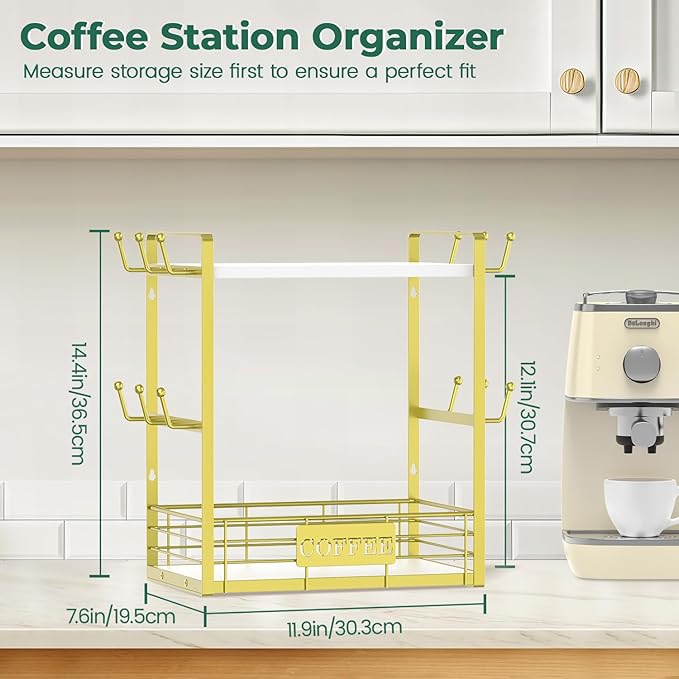 EsLuker.ly Coffee Bar Station Organizer Mug Cup Holder Stand for Countertop, Multi-Functional 2 Tier Mug Tree Rack for Kitchen, Storage Shelf with 12 Hooks, White-Gold