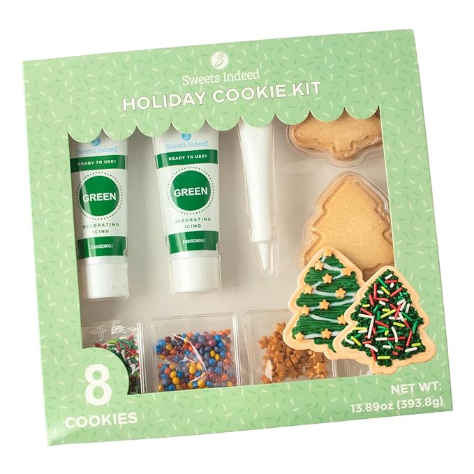 Sweets Indeed Christmas Tree Cookie Decorating Kit | 8 Pre-Baked Tree Cookies with Green & White Frosting and Sprinkles | Holiday Cookie Decorating Set for Kids, Families & Parties – 13.89 oz