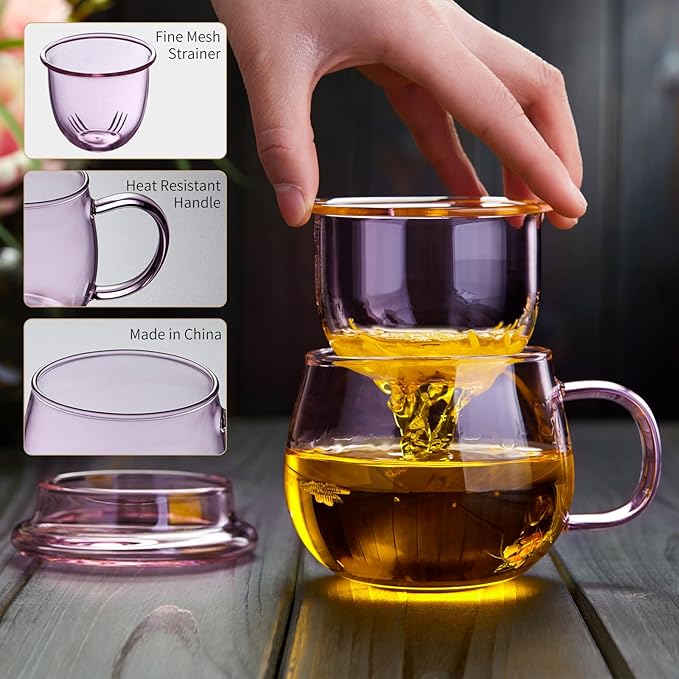 11oz Pink Glass Tea Cup with Infuser and Lid– Versatile and Elegant Gift for Women, Perfect for Loose Leaf Tea and Other Beverages