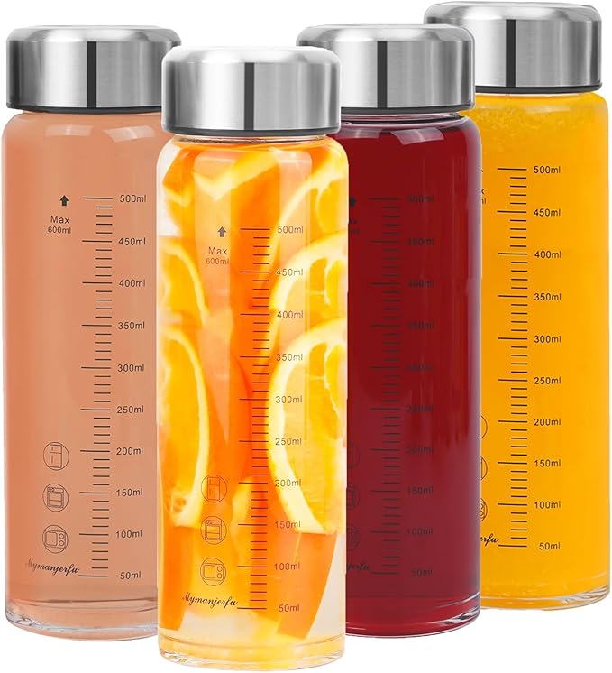 Glass Juice Bottles 4 Pack 20 oz - Wide Mouth Glass Water Bottles with Lids - for Juicing, Smoothies, Milk, Protein, BPA Free, Reusable, Stainless Steel Lids, Leak Proof, Shaker bottle (20oz/600ml)