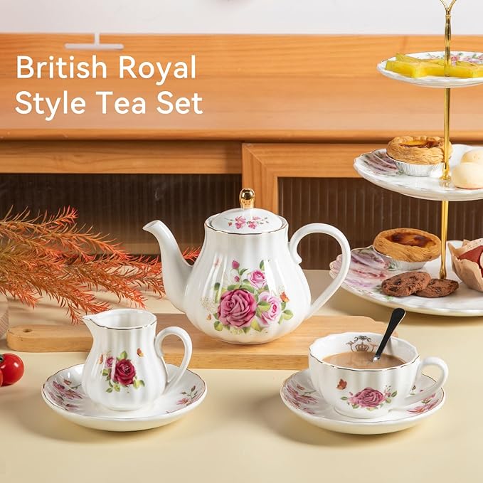 Porcelain Tea Sets British Royal Series, 8 OZ Cups & Saucer Service for 6, with Teapot Sugar Bowl Cream Pitcher Teaspoons and Tea Strainer, Suitable for High Tea, Wedding, Party (Midsummer Rose)