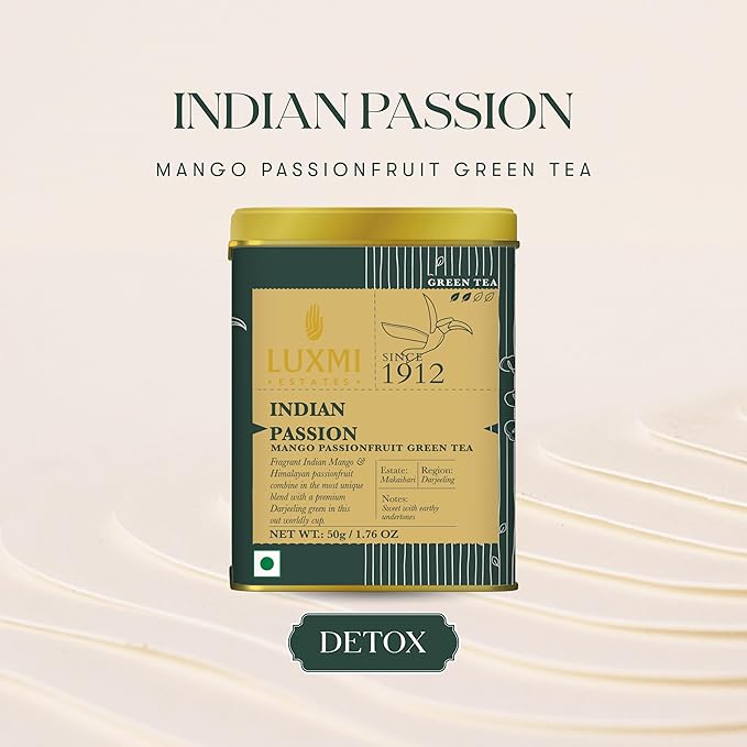 Luxmi Estates - Indian Passion - Organic Mango Passion Fruit Green Tea - Loose Leaf - 50g (25 Cups) | With Mango & Passion Fruit | Brew as Iced Tea or Hot