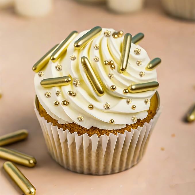 Twisweet Gold Pearl Star Rods Sprinkles for Cake Decorating, Edible Sugar Pearls for Baking, Mix Size Cake Topper Ice Cream Cupcake Cookie Dessert Decorations, Wedding Valentines Birthday Christmas Easter Mother's Day Supplies (130g/4.58oz)