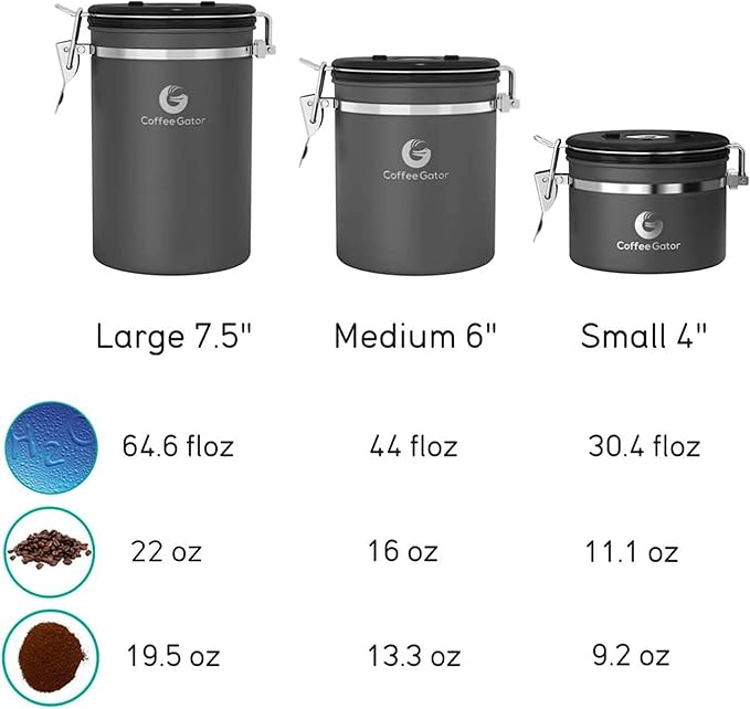 Coffee Gator Coffee Canister, 22oz Airtight Stainless Steel Kitchen Food Storage Container with Date Tracker, Scoop for Sugar, Grounds Coffee, Beans, Tea, Sugar, Cereal, Flour, Cookies Jars - Orange