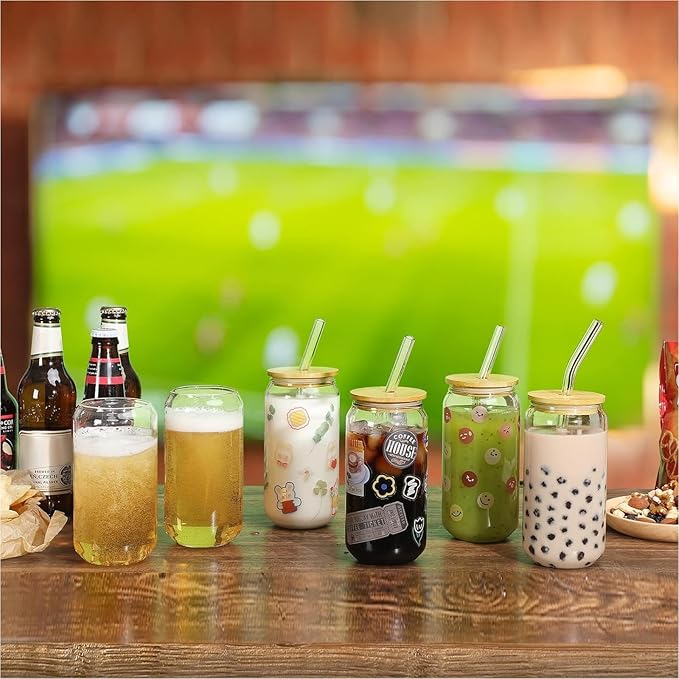 NETANY 16 Pack Glass Cups with Lids and Straws 16 oz, Personalized Customizable Glasses for Gift, Business, Drinking glasses set, Iced Coffee Cup, Cute Aesthetics Tumbler for Tea, Homemade Drinks