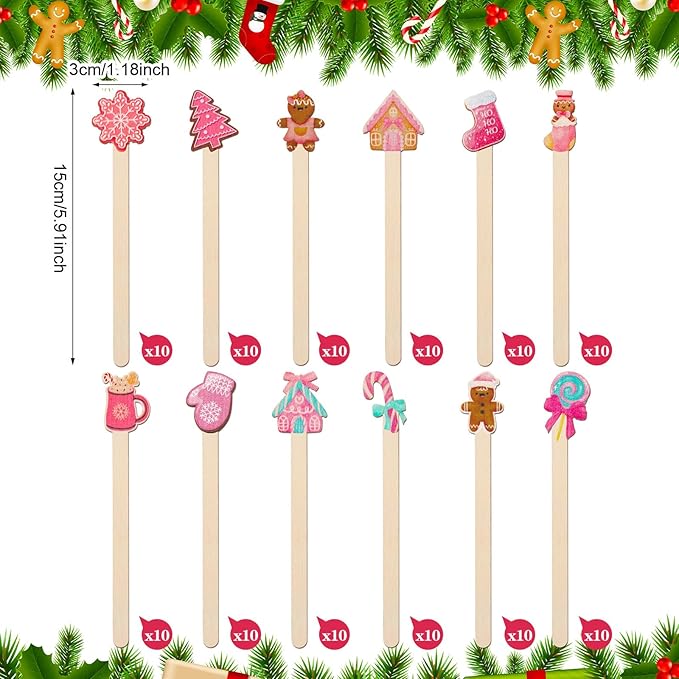 Jinei 120 Pcs Christmas Gingerbread Man Coffee Stir Sticks Natural Wooden Disposable Drink Stirrers for Hot Chocolate Milkshake Cocktail Restaurant Home Office