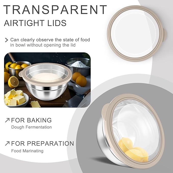 HaWare Mixing Bowls with Airtight Clear Lids, 6-Piece Stainless Steel Strong Nesting Bowls Set, Metal Salad Bowl for Cooking, Prepping, Baking, Serving & Food Storage, Size 4.6, 3, 1.5QT, Khaki