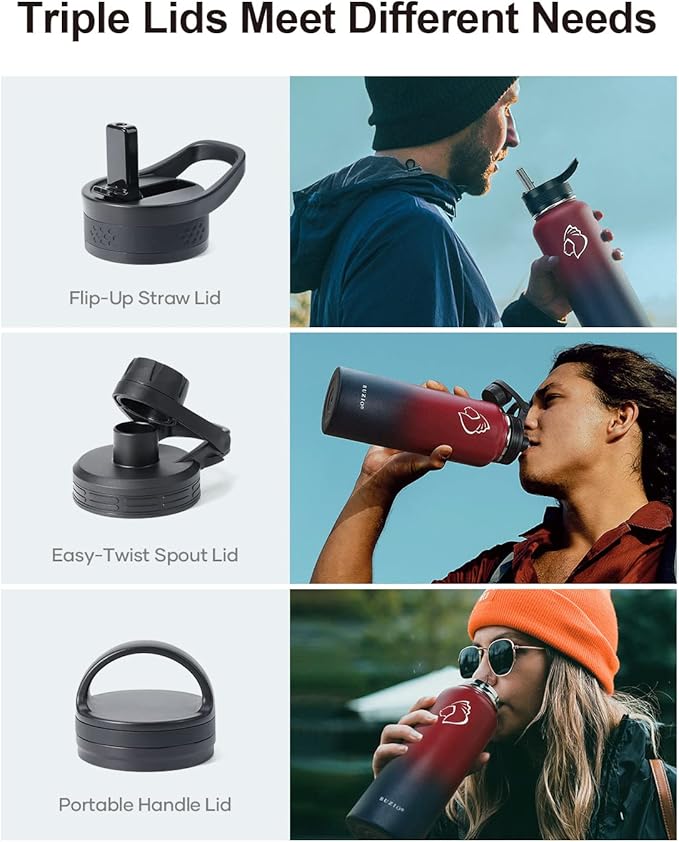 BUZIO 40 oz Water Bottle Insulated with Straw & 3 lid and Carrying Pouch, Leak Proof Anti-Slip Stainless Steel Water Flask Jug, Cold for 48 Hrs Double Vacuum Thermo Canteen, BPA-Free, Ruby Red Navy