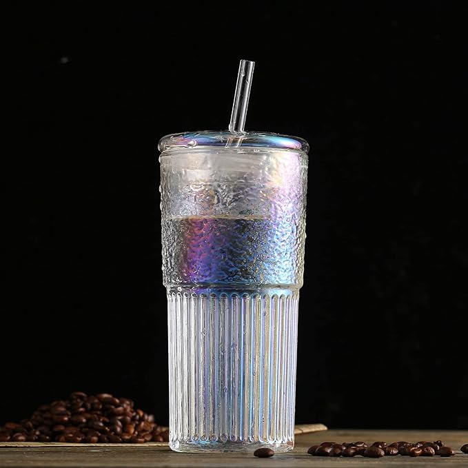 Colorful High Borosilicate Glass Cups With Lids and Glass Straws，20 OZ Rainbow Iced Coffee Water Tumbler Smoothie